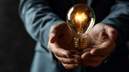 Hands of a businessman cradling a luminous light bulb, depicting the brilliance of entrepreneurial ideas and the potential for transformative change - obrazy, fototapety, plakaty