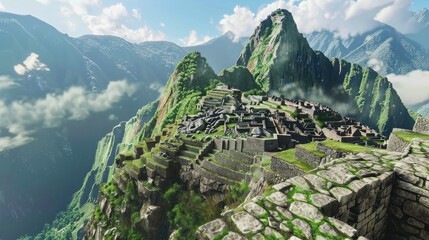 Machu Picchu, an ancient city atop a mountain in Peru. Spectacular views, stunning stone architecture. It's like something out of a comic book.  - obrazy, fototapety, plakaty