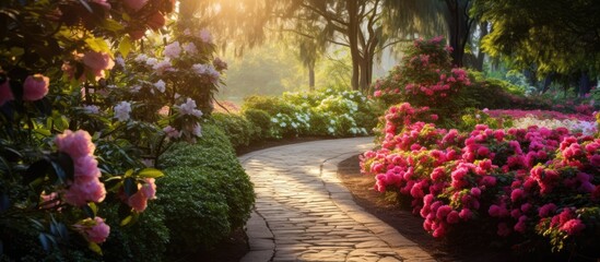 A pathway in a park close up with blooming flowers