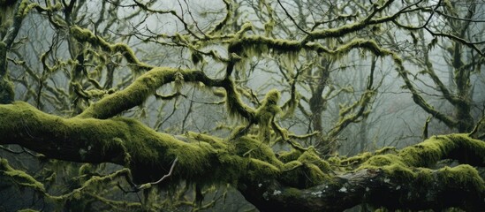 Fototapeta premium A moss-covered tree in a dense forest