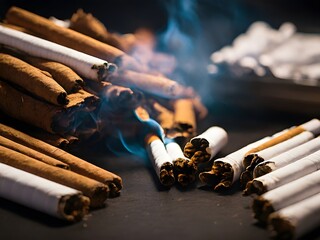 Cigarettes with smoke on a black background, Selective focus