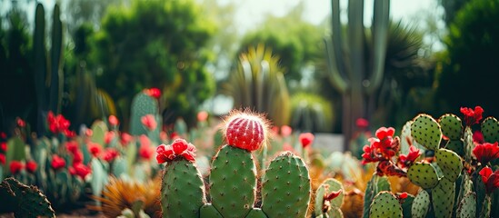 Cactus plants in a garden with red blooms and green trees