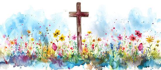 Christian cross clipart with watercolor Easter theme border and banner, perfect for religious holiday decorations and materials. - obrazy, fototapety, plakaty
