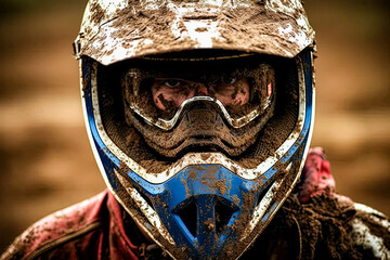 A man wearing a dirty helmet is standing in a muddy field. The helmet is blue and white