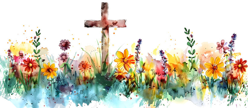 Christian cross clipart with watercolor Easter theme border and banner. Suitable for religious holiday decorations and art projects.