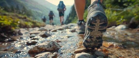 Hiking. Mountain and lake, river view. Traveler, landscape, nature, sport. Cover: feet with hiking shoes standing on top of high mountain or cliff. Sports shoes. Concept of healthy lifestyle.