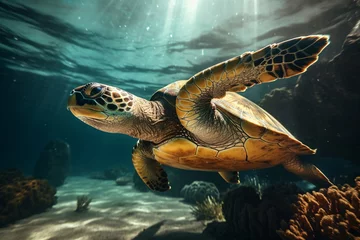 Fotobehang a sea turtle swimming in the ocean © Alexandru