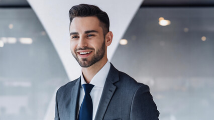 Smiling young businessman in suit on the background of the office