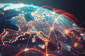 Global Connectivity: A Digital Illustration of Networked World. Vibrant digital illustration of the Earth with glowing network connections highlighting global communication and international relations
