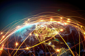 Global Connectivity: A Digital Illustration of Networked World. Vibrant digital illustration of the Earth with glowing network connections highlighting global communication and international relations - obrazy, fototapety, plakaty