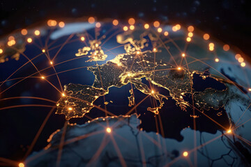 Global Connectivity: A Digital Illustration of Networked World. Vibrant digital illustration of the Earth with glowing network connections highlighting global communication and international relations - obrazy, fototapety, plakaty