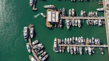 Aerial view of boats in a marina near the Port of Miami in Florida