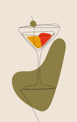 A cocktail with a variation of a dry martini in a special glass. A transparent gin-based drink decorated with olives. Stylish vector illustration is suitable for postcards, menu design, posters.