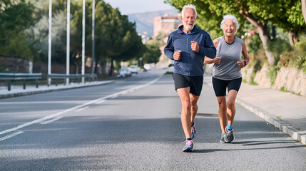 Caucasian senior couple doing jogging exercise on road.