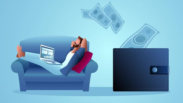 Man relaxing on sofa while money comes out from his laptop, passive income, freelancer, work from home concept, motion graphics
