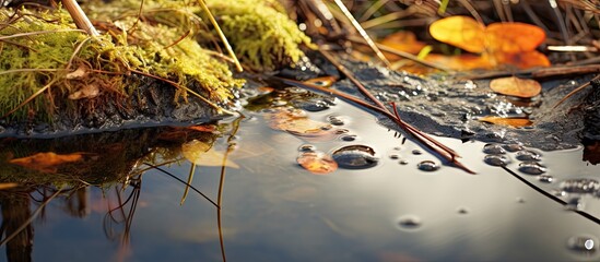Water puddle with droplets and oil slick in fall landscape