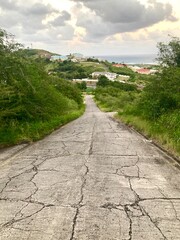 steep cracked grey road framed by vibrant green foliage, view of ocean in background, St Kitts & Nevis