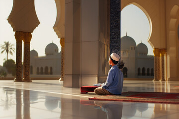 Religious Muslim little boy reading Koran Bible book in mosque - obrazy, fototapety, plakaty