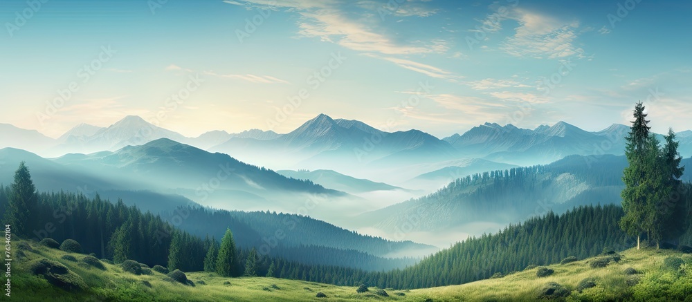 Poster Mountains and trees on the horizon under a clear blue sky