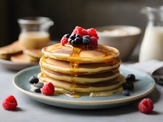 Stack of homemade pancakes with fresh berries and maple syrup, selective focus