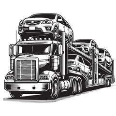 Car carrier trailer side view. Black and white illustration. Car hauler icon, Car Hauler Vectors: Various Poses of Trucks and Trailers Lifting Cars