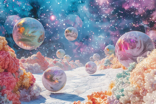 Generative ai on theme of parade of planets in solar system, bright stars glow in atmosphere