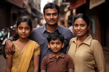 Obraz premium family man, woman, children talking head shoulders Indian shot bokeh out of focus background on a cosmopolitan western street vox pop website review or questionnaire candid photo