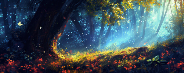 Enchanting forest scene with rays of light piercing through, highlighting a myriad of flowers and a mystical atmosphere