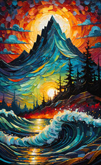 Vector illustration, art painting with a bright sunset and nature, fantasy painting for office decoration, home decoration, backgrounds for smartphone,