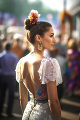 Young woman wearing traditional flamenco dress at Seville April Fair (Feria de Abril de Sevilla). Generative Ai - 763462387