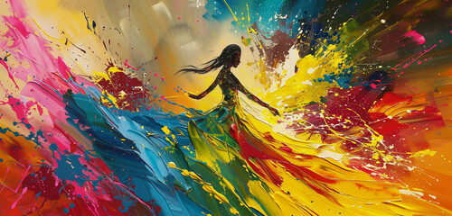 Splashes of vibrant paint spread across the canvas, mirroring the fluidity of the woman's billowing dress
