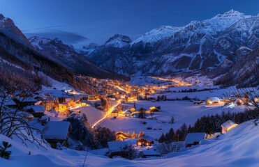 A town nestled in the snowy mountains shines brightly with artificial lights under the dark sky