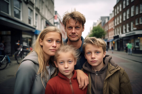 A White Scandinavian family man, woman, children talking head shoulders shot bokeh out of focus background on a cosmopolitan western street vox pop website review or questionnaire candid photo