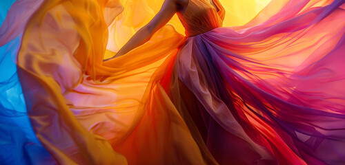 Vibrant hues swirl around the woman in a close-up shot, capturing the intricate details of her flowing dress