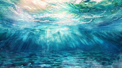 Watercolor hues blending gracefully underwater, fantasy model absent