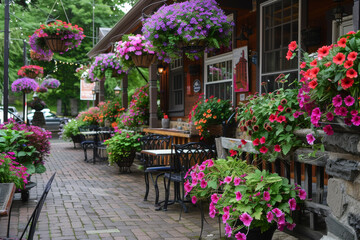 A charming cafe with outdoor seating and hanging flower baskets.