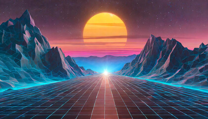 80s synthwave styled landscape with blue grid mountains and sun over arcade space planet - obrazy, fototapety, plakaty