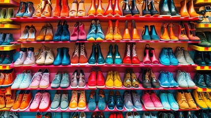 Shoes arranged meticulously on store shelves create a stylish backdrop, beckoning shoppers to explore the latest footwear trends