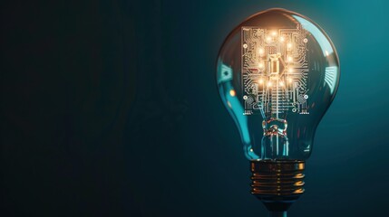 Fluorescent light bulb with circuit board inside on dark blue background, innovation concept.  - obrazy, fototapety, plakaty