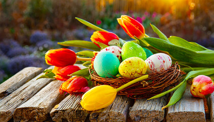 Easter eggs and tulips on wooden planks