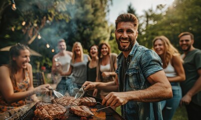 Smiling man in an apron is cooking on a grill with friends in garden.