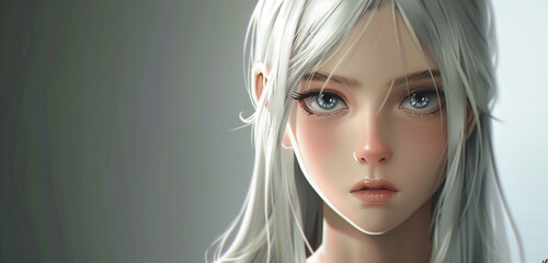 Beautiful girl, grey eyes, white straight hair, anime reskin style
