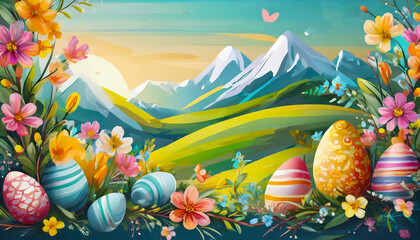 Easter sale banner background template with beautiful colorful spring flowers and eggs.