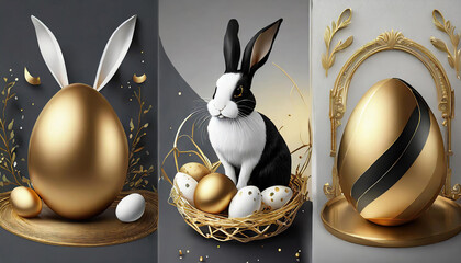 Easter Set of greeting cards, holiday covers, posters, flyers design in 3d realistic style