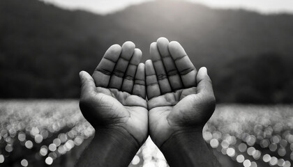 Faith concept- Black and white muslim prayer open two empty hands with palms up for pray - obrazy, fototapety, plakaty