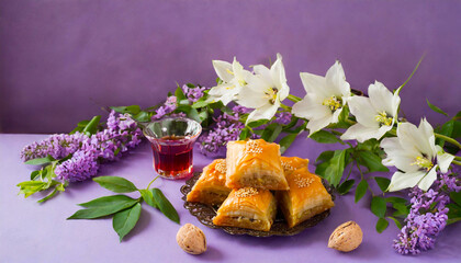 Novruz floral composition of traditional Azerbaijan pastry pakhlava or baklava with beautiful
