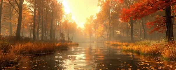 Fototapeta premium A stream beautifully illuminated by sunlight trickling through an amber-colored autumnal forest park with calm river.