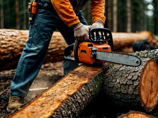 A man works with a chainsaw in the forest. A powerful tool in the hands of a master.
