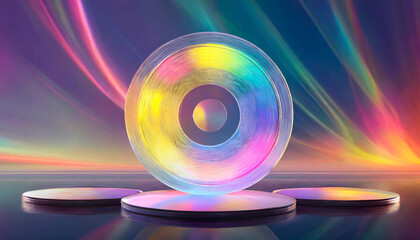 Set 3d hologram disk on holographic background. Flying fluid pink, blue, pastel podium