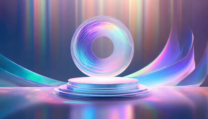 Set 3d hologram disk on holographic background. Flying fluid pink, blue, pastel podium